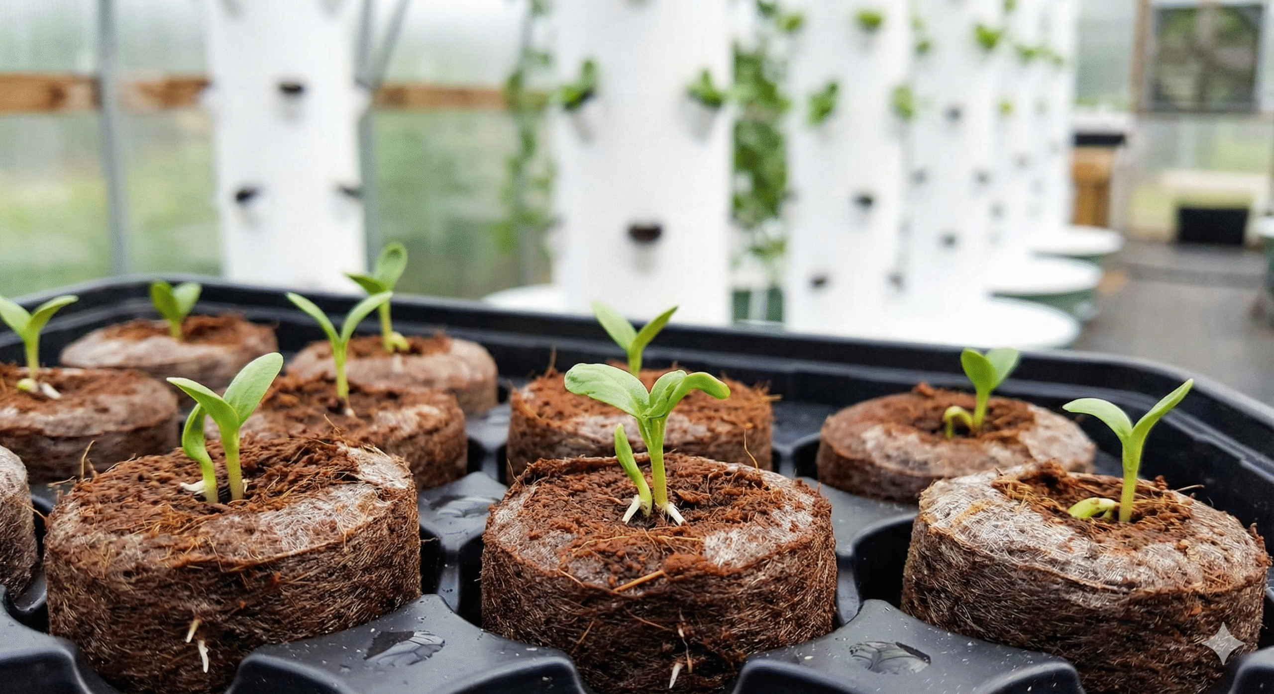 Close-up of seedlings emerging from coco discs ready for transplant into a hydroponic tower.