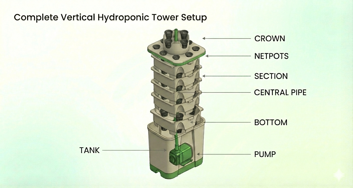 Completed tower with crown fitted and net pots in all planting slots.