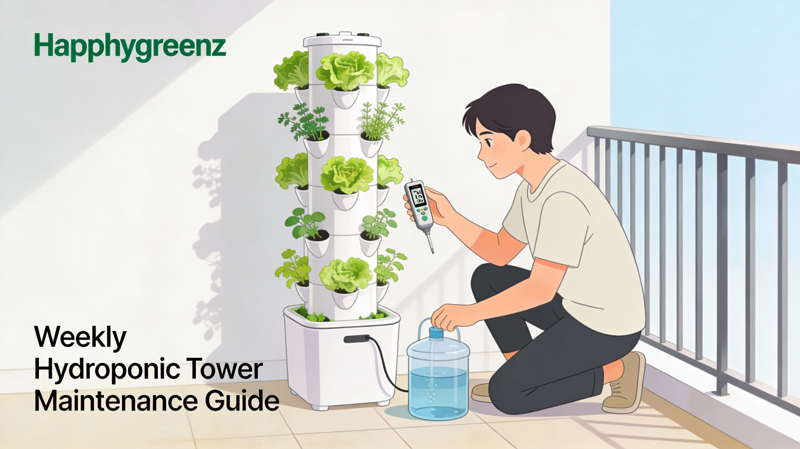 Illustration of a hydroponic tower being checked and maintained.