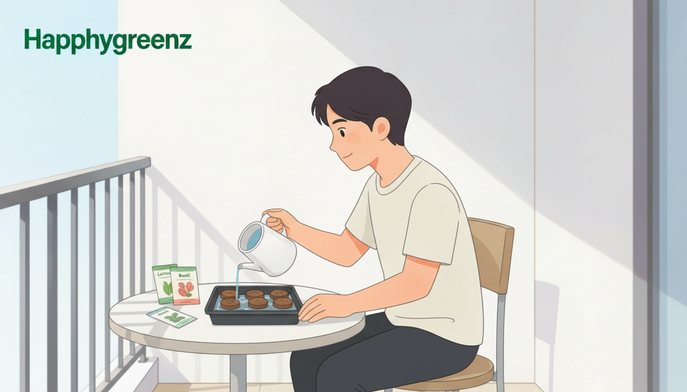 Person preparing coco discs and seeds for germination in the Happhygreenz setup.